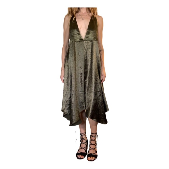 Maeve Dresses & Skirts - Deep-V Metallic Olive Green Midi Dress by Maeve